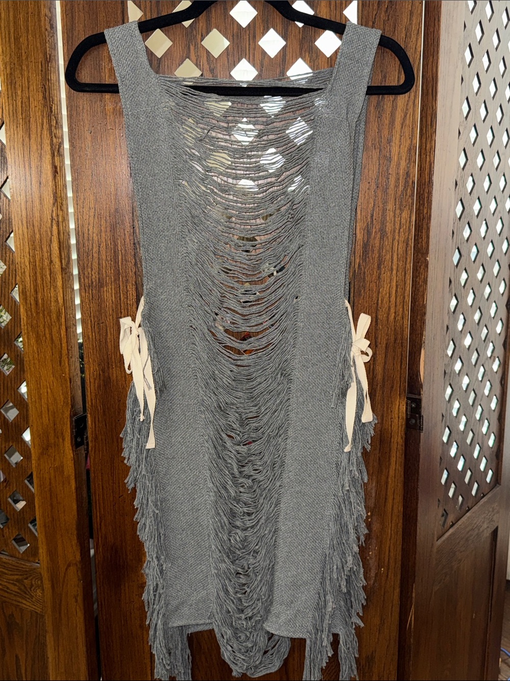 Gray Long Sleeve Fringe Knit Dress with Side Tie Details